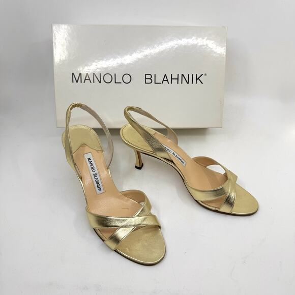 MANOLO BLAHNIK 'Callasli' Gold Metallic Leather Slingback Heels - Picture 1 of 10